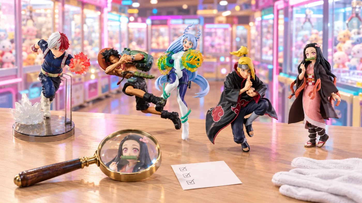 Figuras Banpresto originales de Shoto Todoroki, Portgas D. Ace, Nejire Hado, Deidara y Nezuko junto a una lupa sobre una mesa de coleccionista